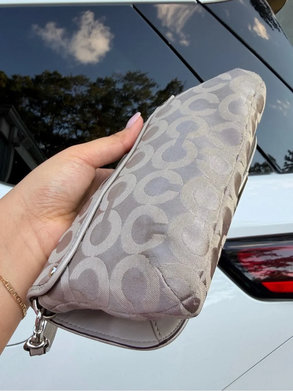 Coach Taupe Signature Jacquard Shoulder Bag with Beaded Strap Accent
